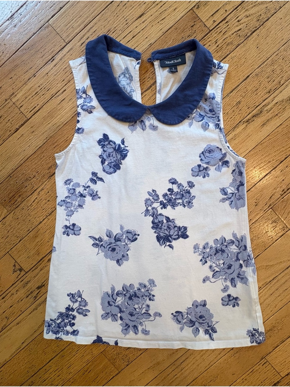 ModCloth White Tank Top with Blue Floral Print and Navy Peter Pan Collar